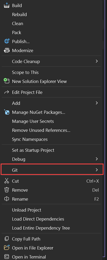 Screenshot of the right-click context menu from a project node in Solution Explorer, which shows an extra option.