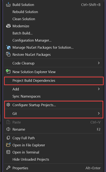Screenshot of the right-click context menu from a solution node in Solution Explorer, which shows extra options.