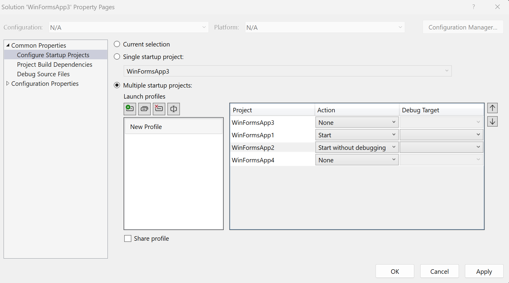 Screenshot showing the Multiple startup projects radio button.