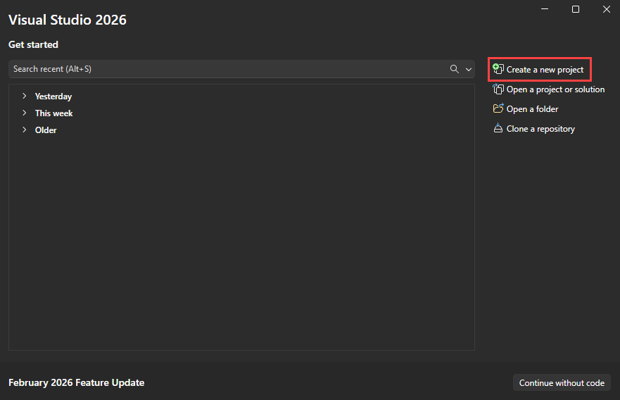 Screenshot of the 'Create a new project' option in the start window.