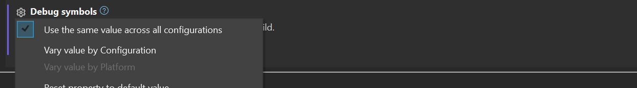Screenshot showing how to control whether a build setting varies by configuration or not.