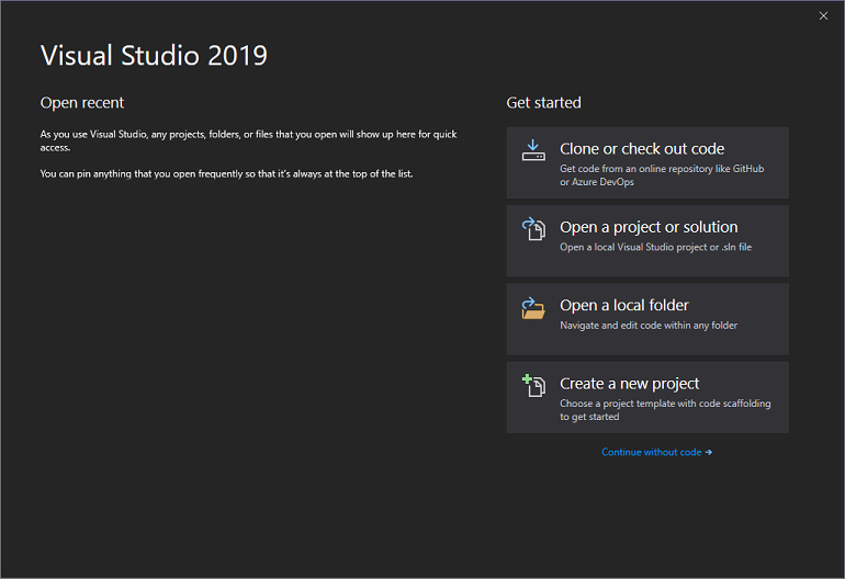 The new start window in Visual Studio 2019. A screenshot of the new start window in Visual Studio 2019