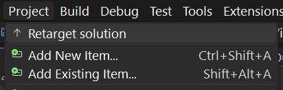 Screenshot showing the Retarget project command in the project toolbar dropdown.