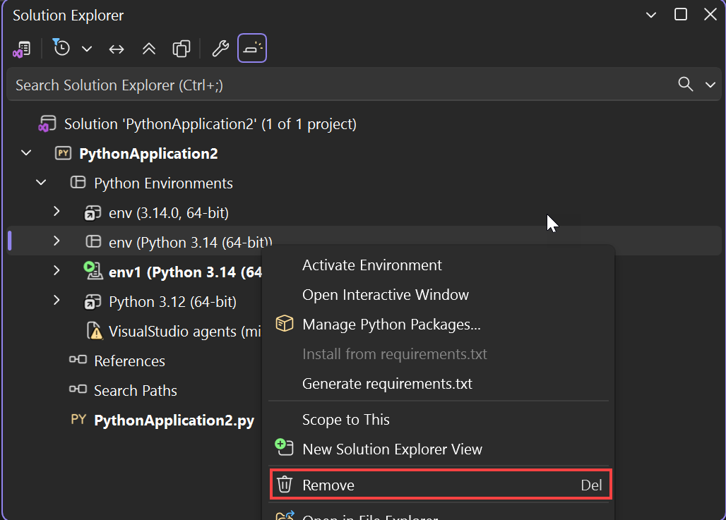 Screenshot that shows how to remove a Python environment.