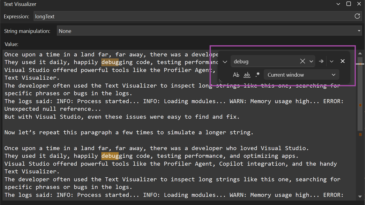 Screenshot of the Text Visualizer showing search functionality with highlighted search terms in a long string
