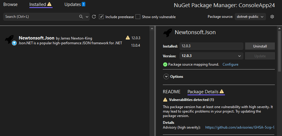 NuGet Package Manager showing a vulnerability detected from a configured audit source
