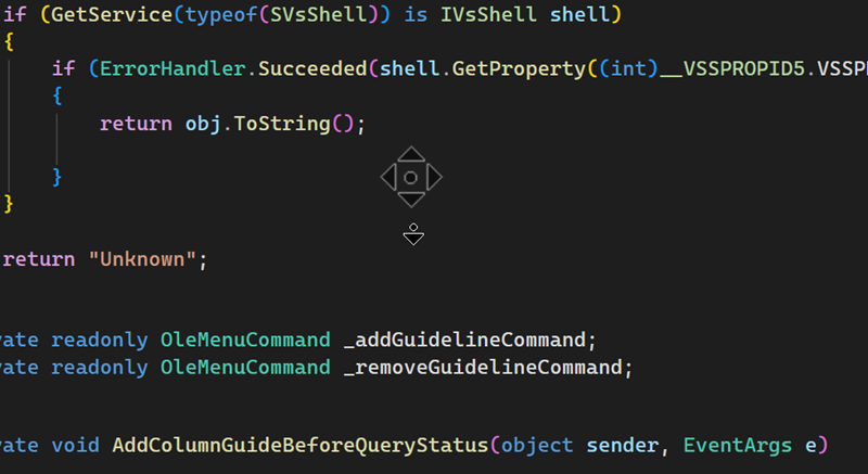 A cursor with four directional arrows indicating middle-click scrolling is active in the code editor