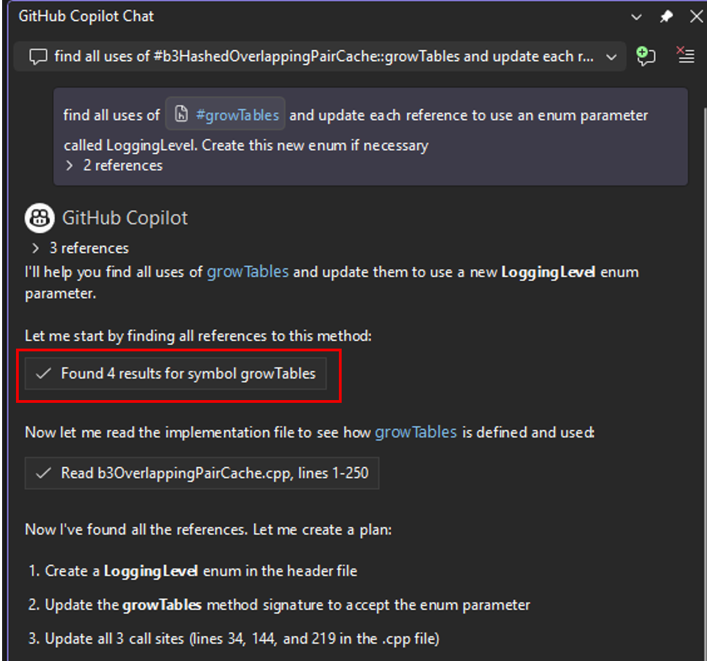 Copilot using find_symbol tool to analyze and modify code across multiple files