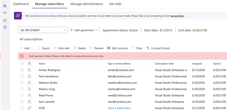 Screenshot of the Manage subscribers page showing an error message indicating the bulk upload has failed. Error message if the upload of multiple subscribers fails