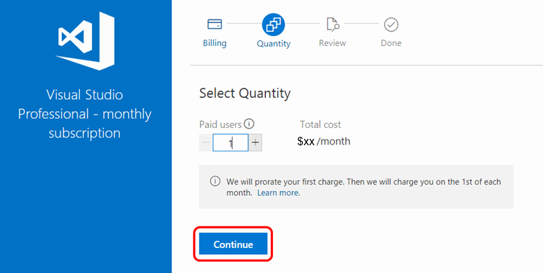 Screenshot of the monthly subscription purchase dialog. The Continue button is highlighted. Select number of subscriptions