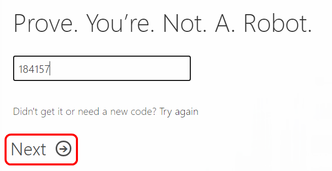 Screenshot of the Prove you're not a robot dialog. The Next button is highlighted. Microsoft 365 apps for enterprise prove you're not a robot