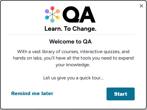Screenshot of the Cloud Academy Welcome to QA and the Start button.
