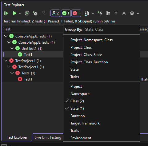 Screenshot of Test Explorer that shows a test hierarchy on one pane and the Group By menu on the other pane. The Class and State options are selected.