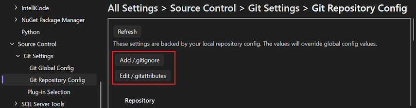 Screenshot that shows the section to Add the gitignore file and Edit the gitattributes file in your repository.