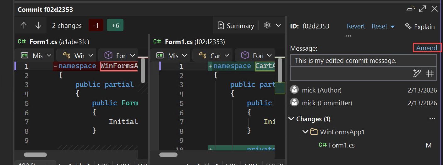 Screenshot of saving an edited message by selecting Amend.