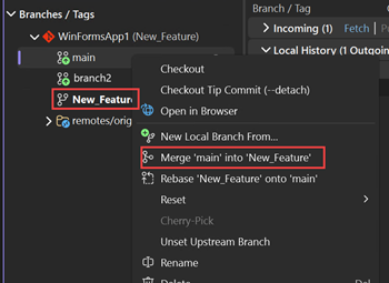 Screenshot of merging branches in Visual Studio.