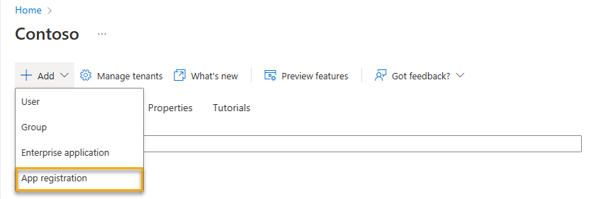 Screenshot that shows the Azure portal add menu expanded with App registration highlighted.