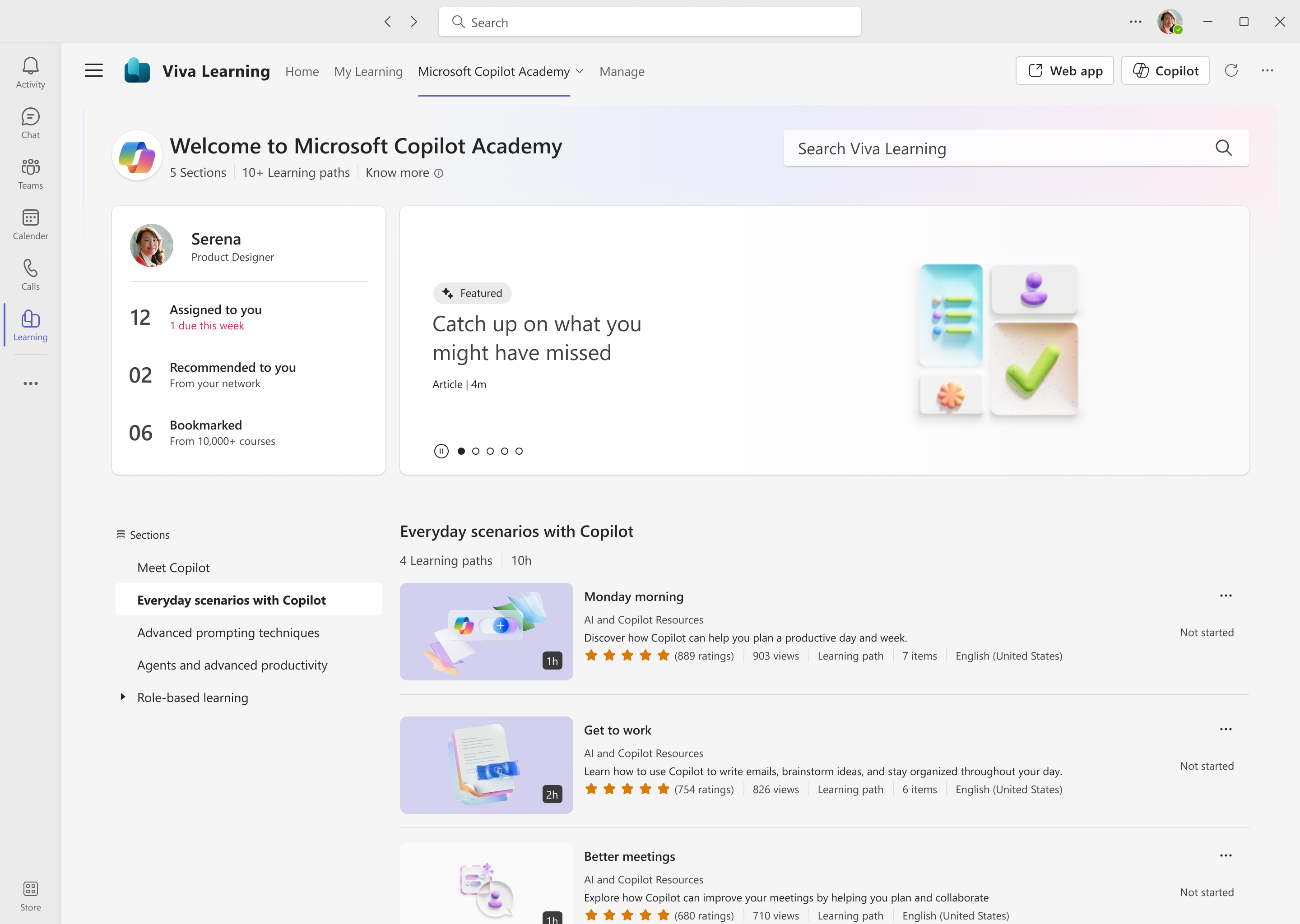 Screenshot of Copilot Academy Homepage in Viva Learning.