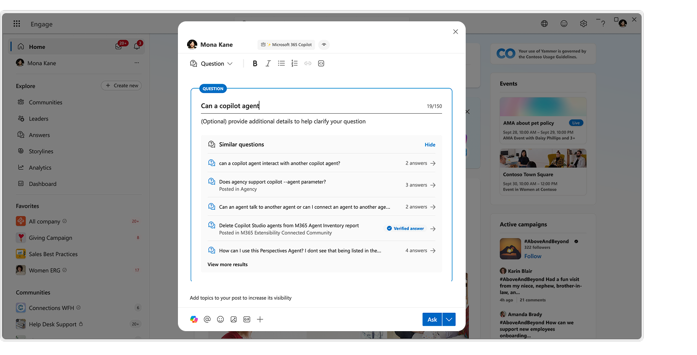 Screenshot that shows the creation of a knowledge base for the Copilot community.