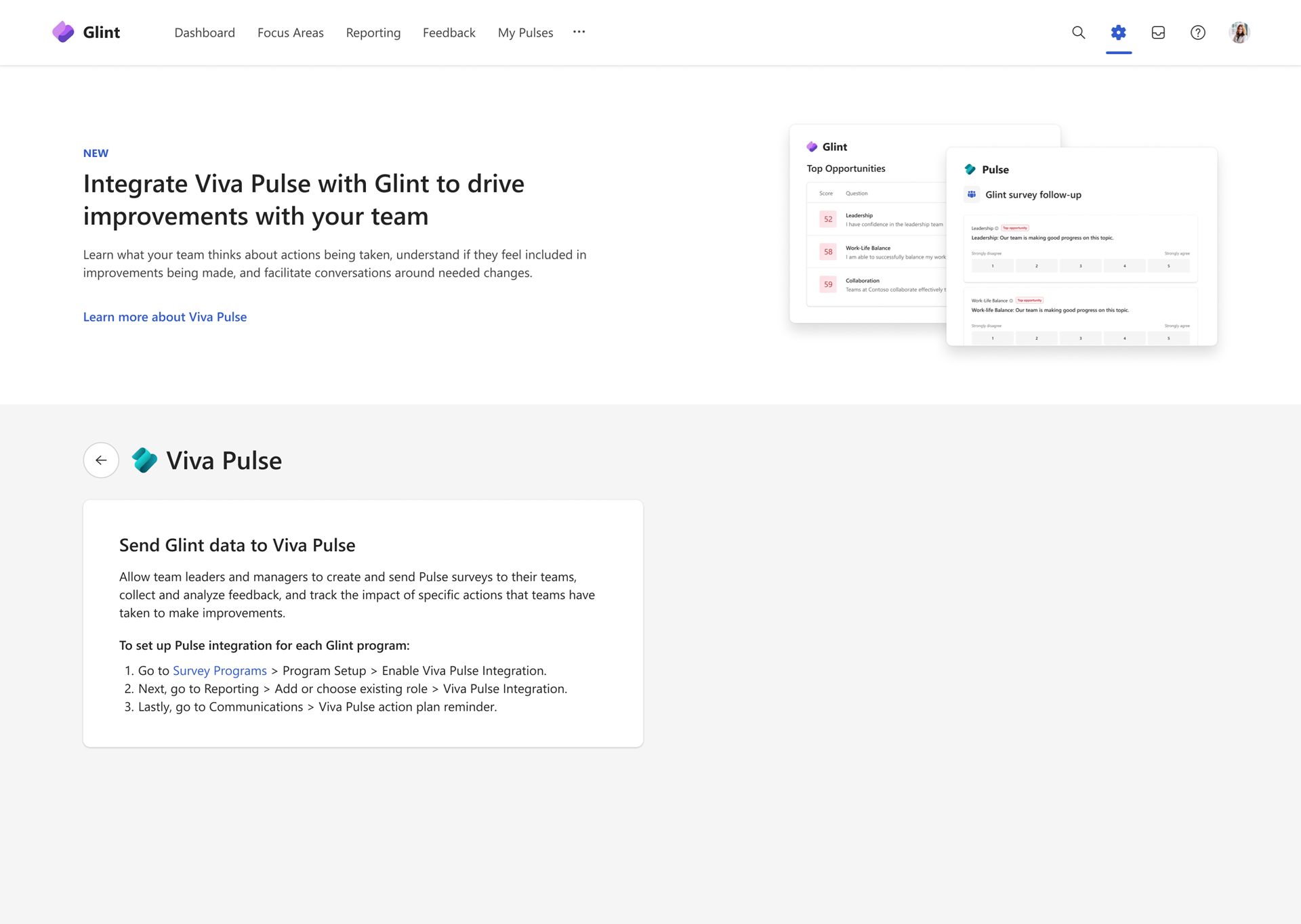 Screenshot showing the Glint admin setup for Pulse follow-ups.