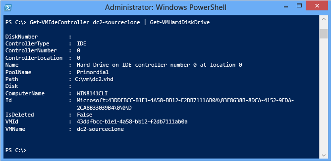Screenshot that shows how to return all IDE hard drives from a VM named DC2.