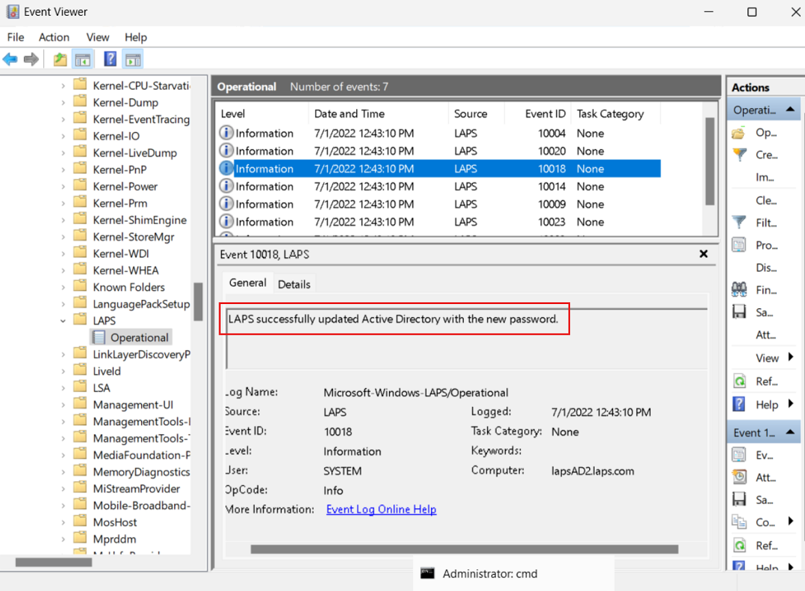 Screenshot of the event log. An event with ID 10018 is selected. Its log shows a password was successfully updated in Windows Server Active Directory.
