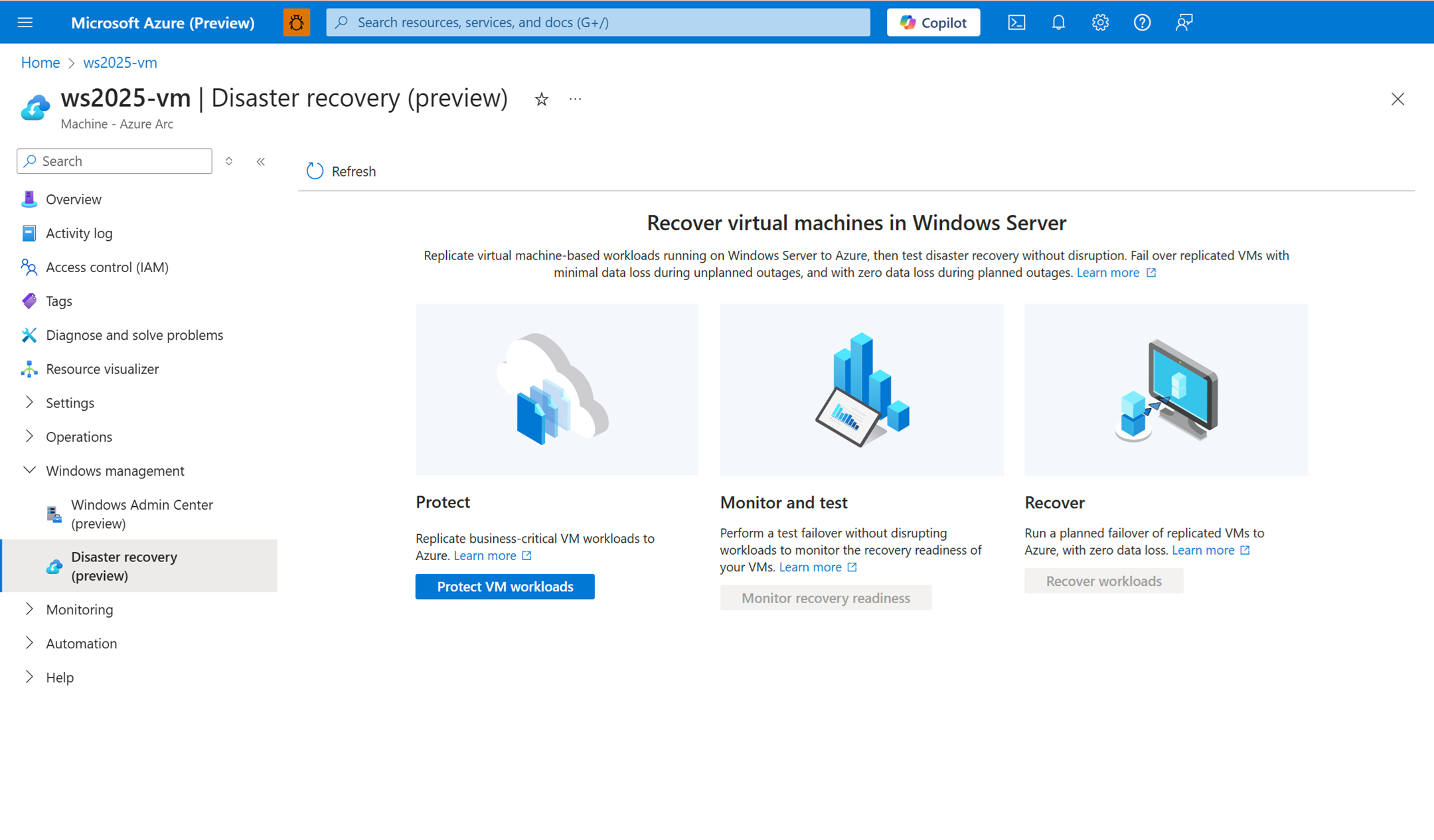 A screenshot of the Azure portal with the Azure Site Recovery configuration tool selected under the Windows management node.