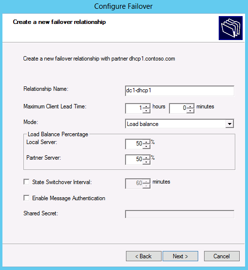 Screenshot of using the DHCP console to create a failover relationship.