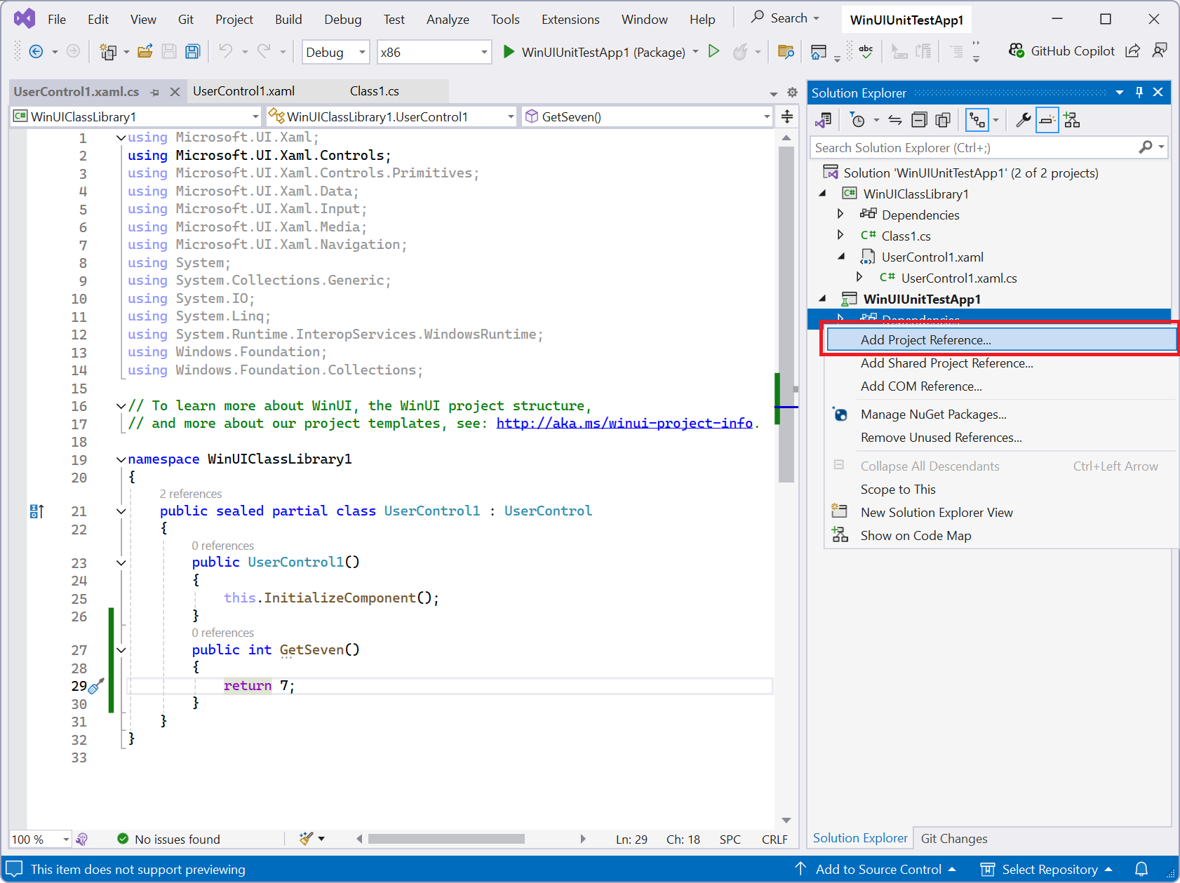 Screenshot of the Dependencies context menu with Add Project Reference highlighted in Visual Studio.