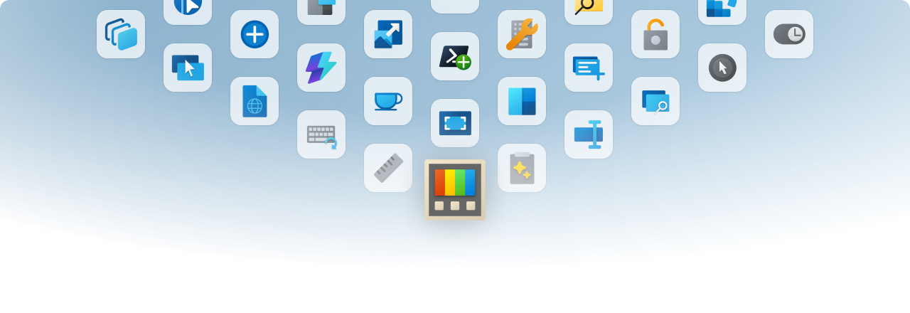 Hero image of PowerToys with app icons of all its utilities