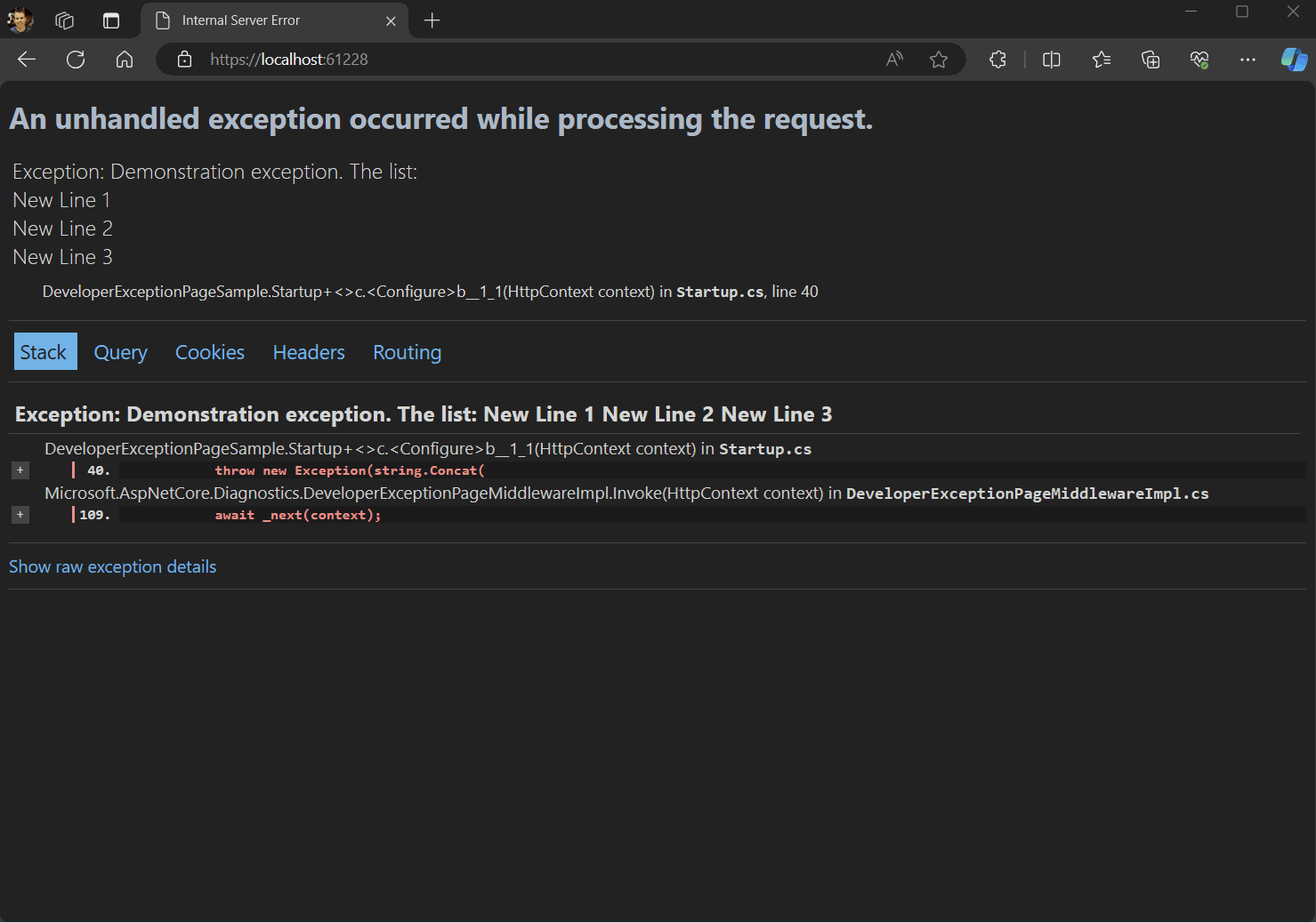 Página de excepciones del desarrollador animada para mostrar cada pestaña seleccionada.