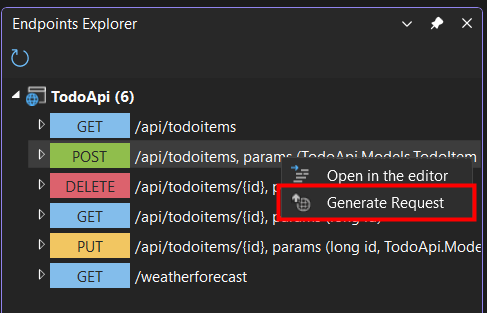 Menú contextual del Explorador de puntos de conexión que resalta el elemento de menú Generar solicitud.