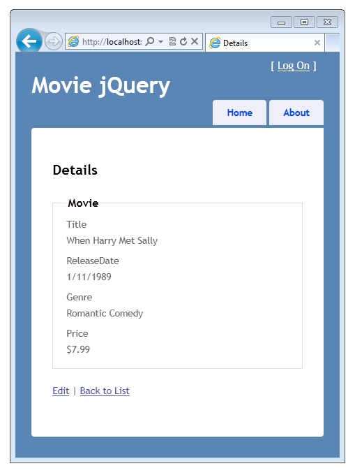 Captura de pantalla de la ventana Movie jQuery en la que se muestra la vista Detalles con los valores establecidos de la película seleccionada.