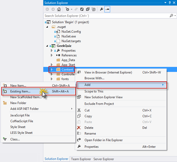 Adding an existing item to the Content folder Adding an existing item to the Content folder