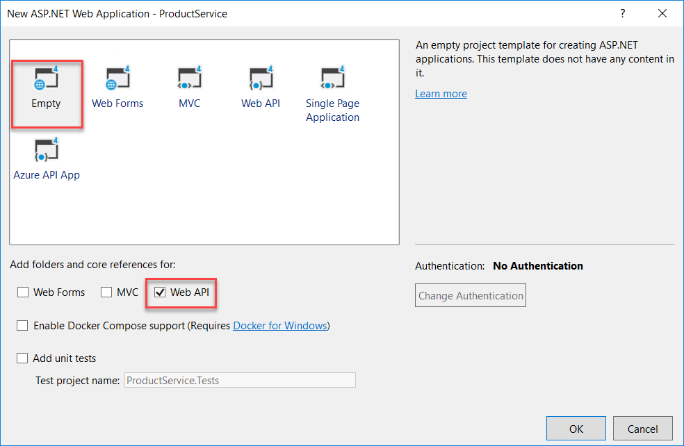 Screenshot of the A S P dot NET Web Application, showing available templates to create the application with a Web A P I folder and core reference.