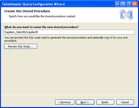 Asigne al procedimiento almacenado el nombre Suppliers_SelectBySupplierID