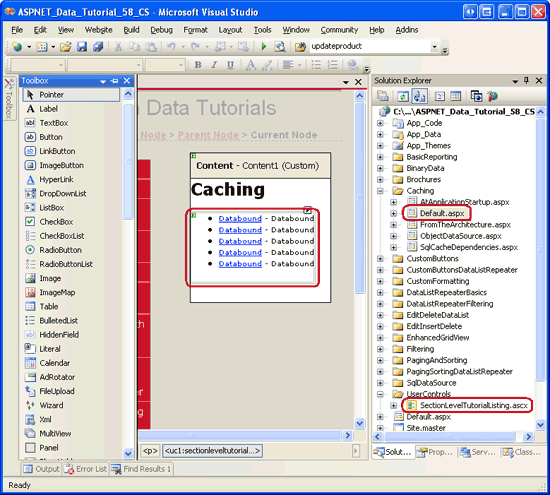 Figura 2: Agregar el control de usuario SectionLevelTutorialListing.ascx a Default.aspx