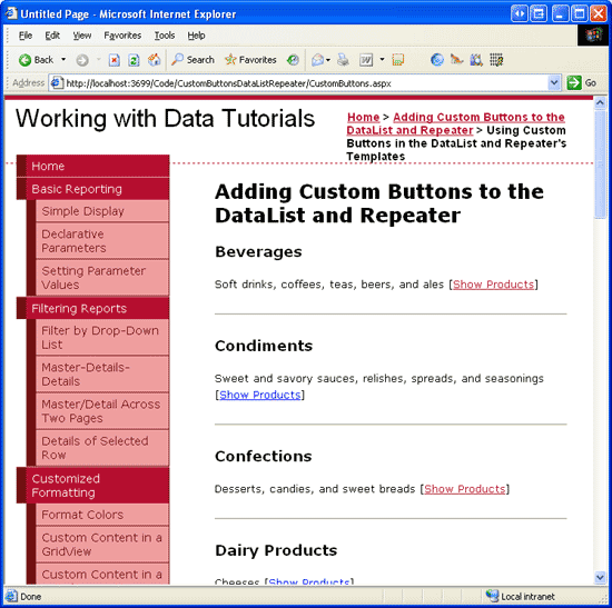 Se muestra el nombre y la descripción de cada categoría, junto con un botón Mostrar vínculo de productos