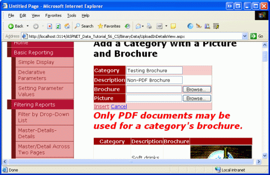 Se muestra un mensaje de advertencia si se carga un tipo de archivo no válido