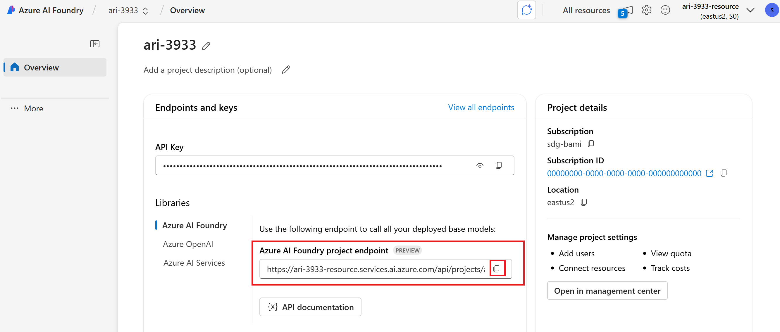 Captura de pantalla que muestra la visión general de un proyecto de Foundry.
