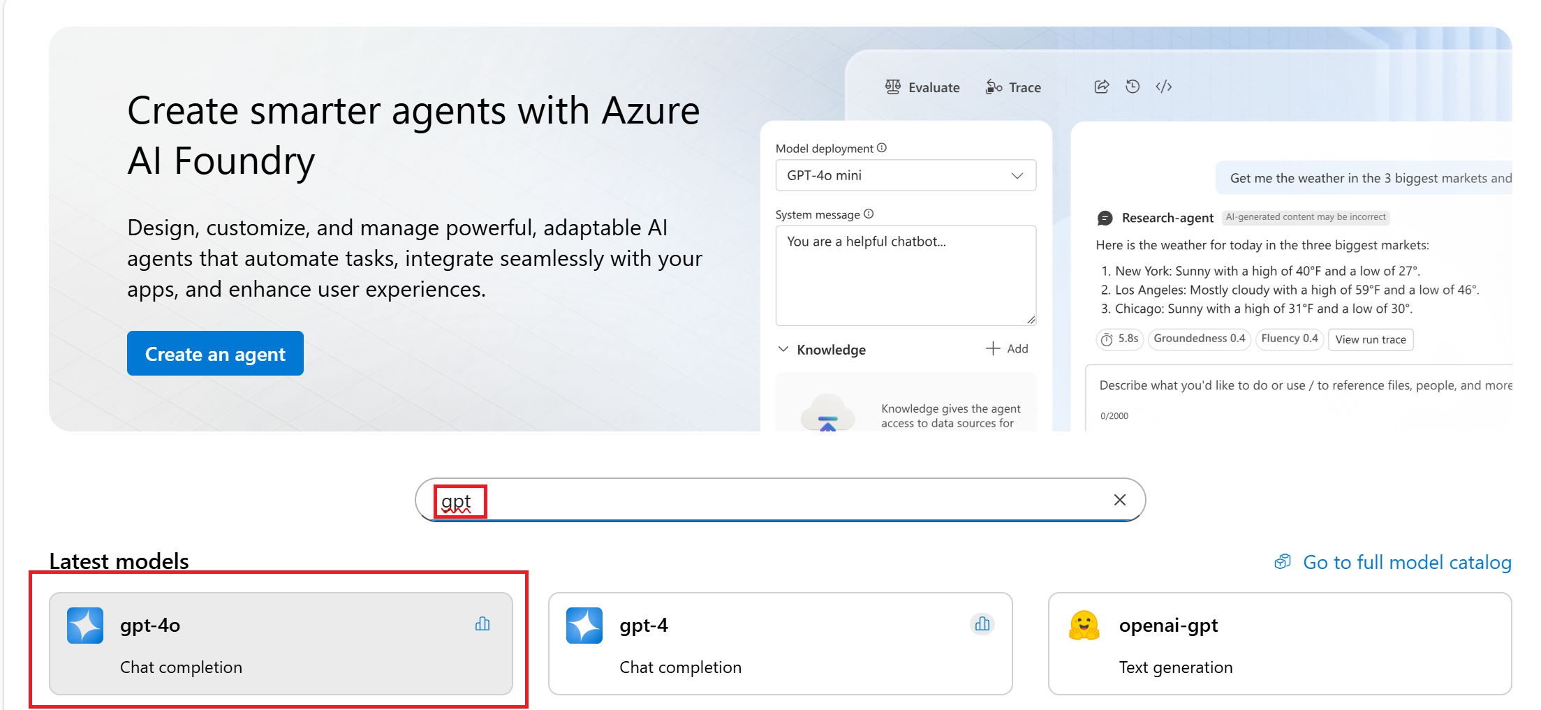Captura de pantalla que muestra cómo empezar con un modelo en el portal de Foundry.