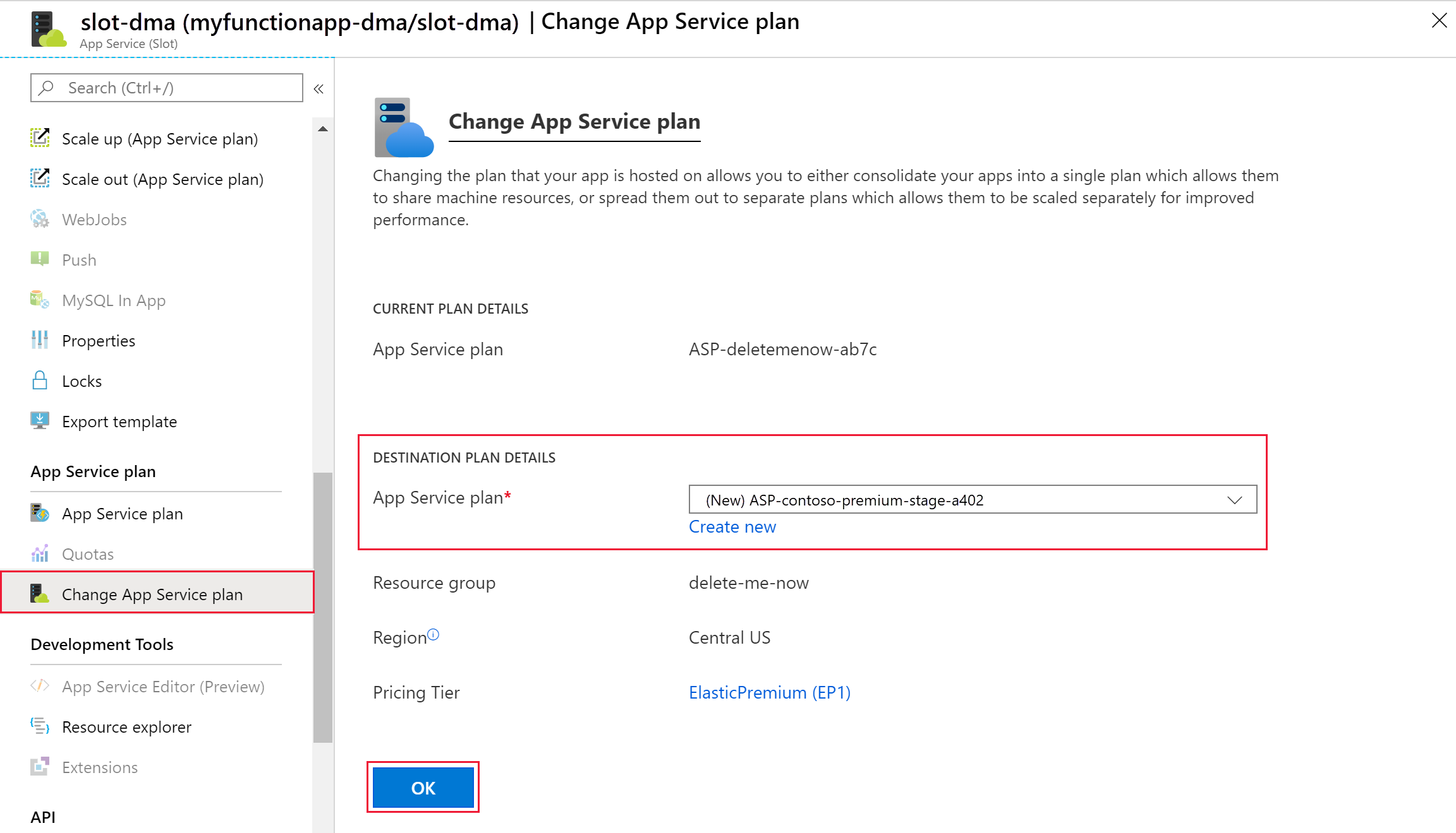 Captura de pantalla que muestra dónde cambiar el plan de App Service en Azure Portal.