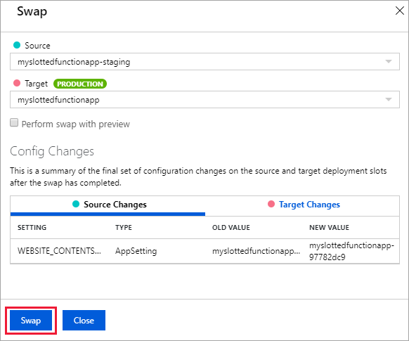 Captura de pantalla que muestra el intercambio del slot de implementación.