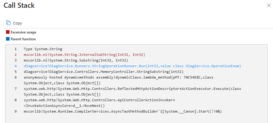 Captura de pantalla de la pila de llamadas ampliada para el resultado C-P-U específico de antes.