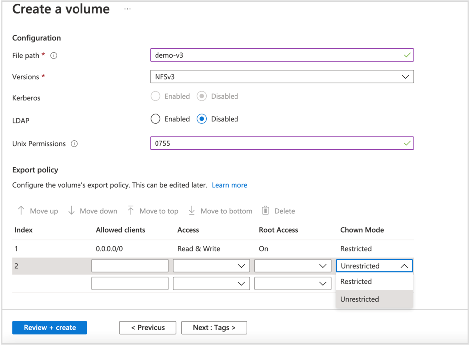 Captura de pantalla que muestra la pantalla Crear un volumen para NFS.