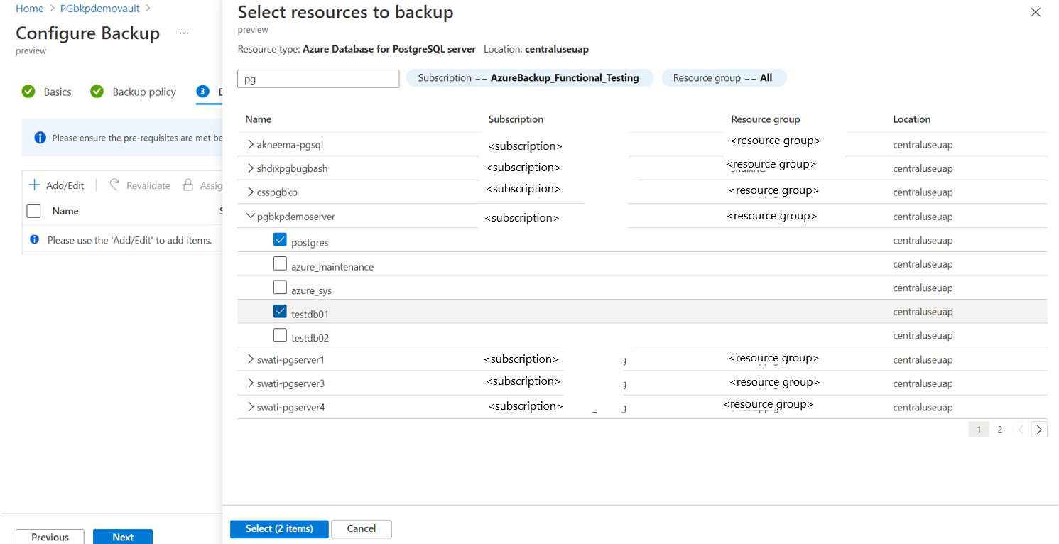 Captura de pantalla que muestra el panel para elegir un servidor de Azure Database for PostgreSQL.