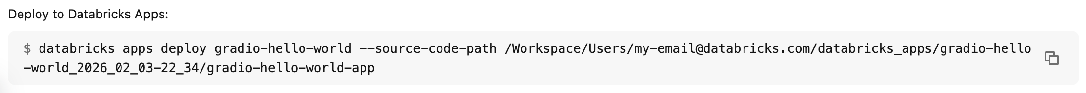 Copia del comando para implementar una aplicación