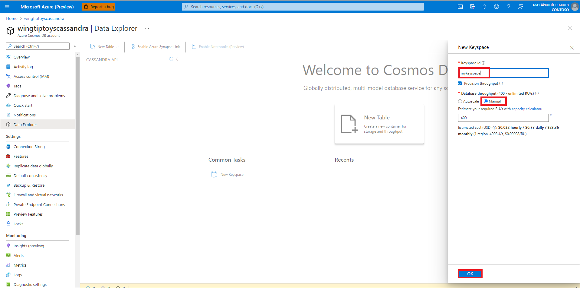 Creación de un espacio de claves de Azure Cosmos DB.