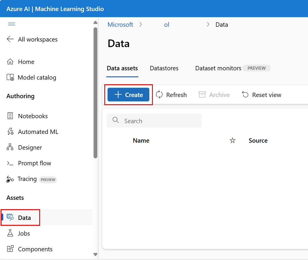 Captura de pantalla destaca Crear en la pestaña Activos de datos.