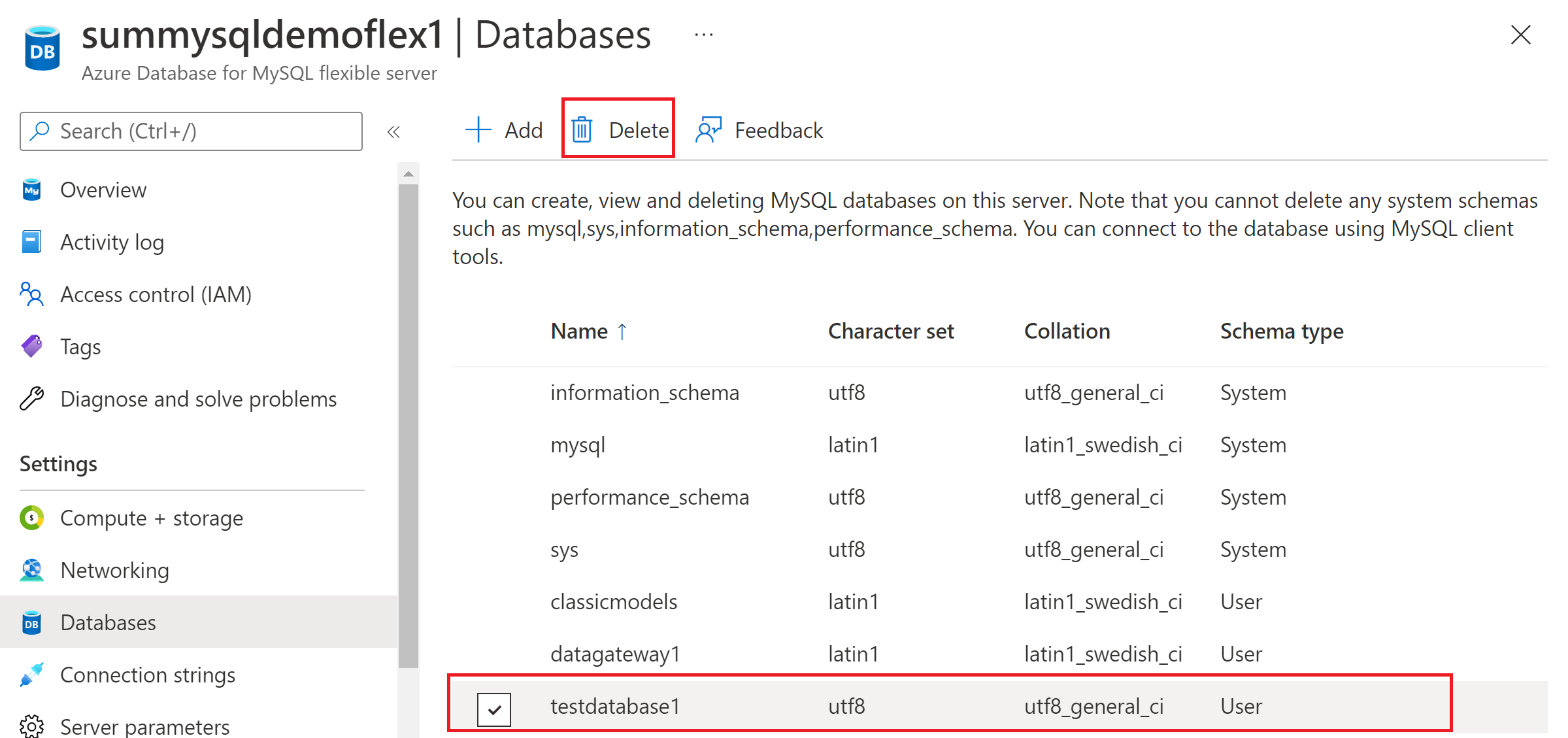Captura de pantalla que muestra cómo eliminar una base de datos en el servidor flexible de Azure Database for MySQL.